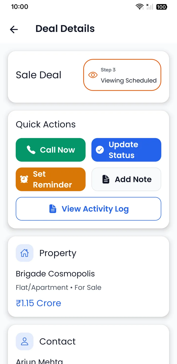Deal Details screen for a sale deal at step 3, Viewing Scheduled, with Call Now, Update Status, Set Reminder and Add Note actions