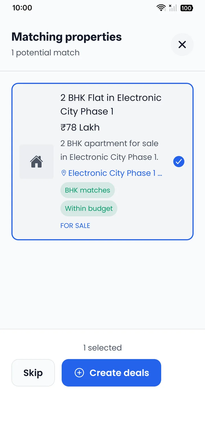 Matching properties screen showing a 2 BHK flat in Electronic City at ₹78 Lakh tagged BHK matches and Within budget