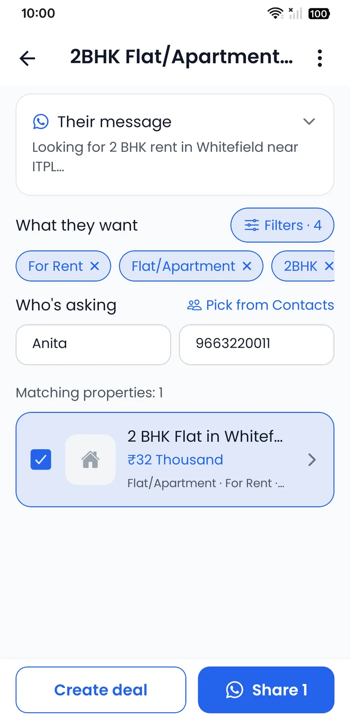 A client's WhatsApp requirement for a 2 BHK rental in Whitefield turned into filters and a matching property