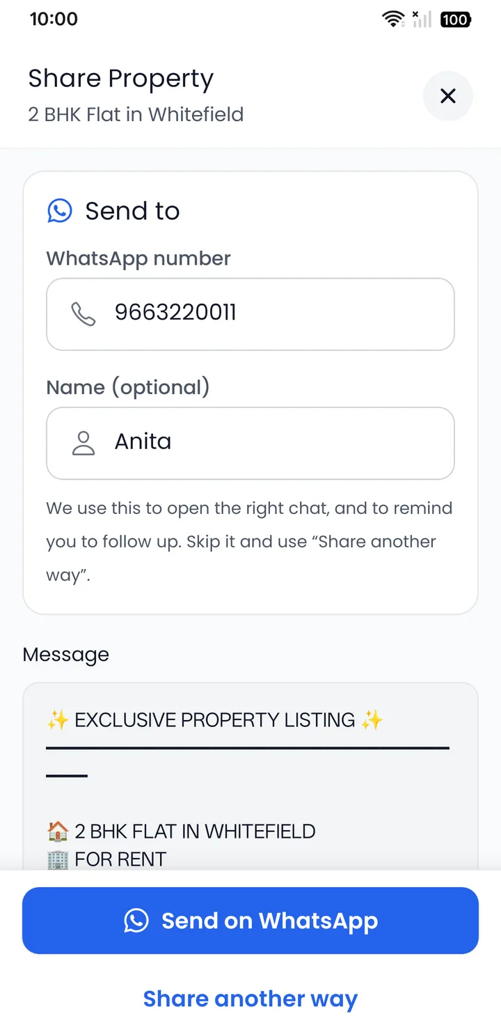 Sharing a 2 BHK flat in Whitefield to a client's WhatsApp number