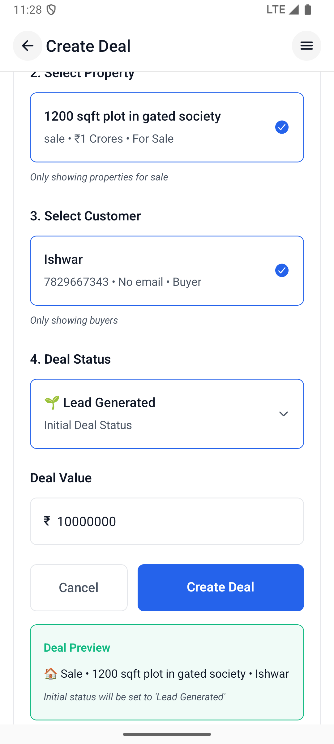 Create deal between property and customer