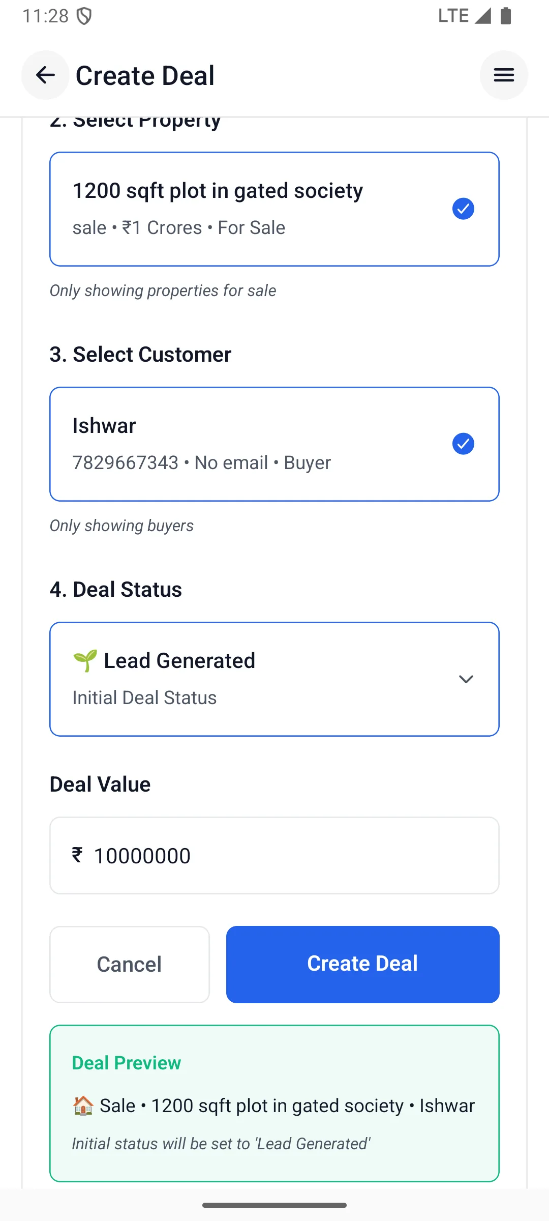 Create deal between property and customer