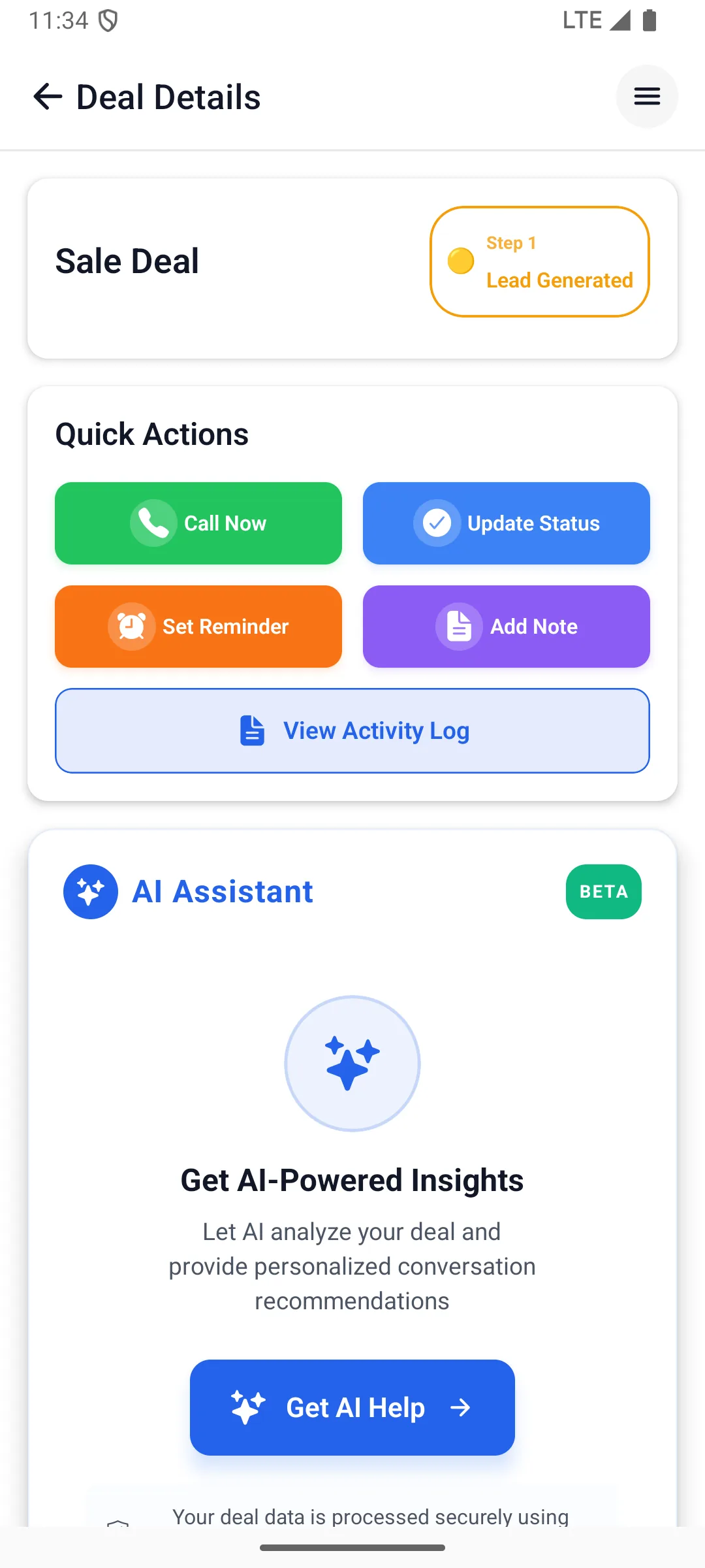 Deal details with call, status, reminder, notes, and AI options